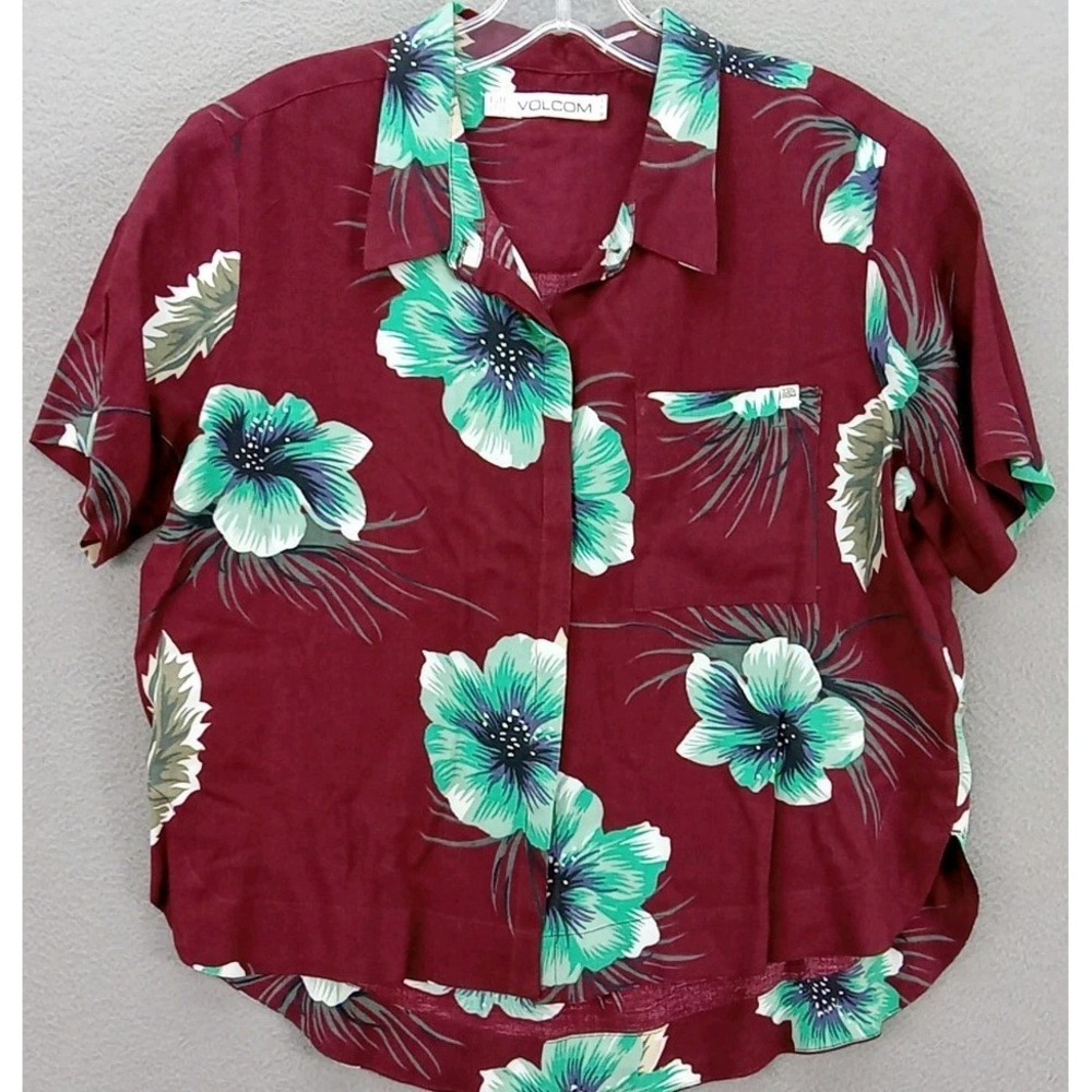 Volcom Women's Aloha Tropical Hawaiian Button‎ Up Blouse Size SP 10 Beach Light